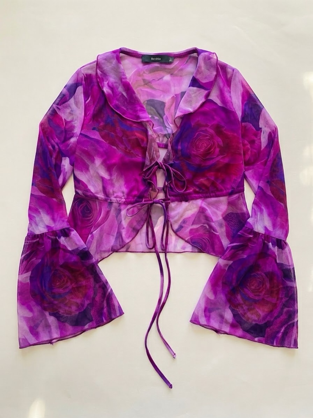 Bershka Women Top Y2K  Fuchsia Purple Floral Mesh Tie Front Bell Sleeve Medium